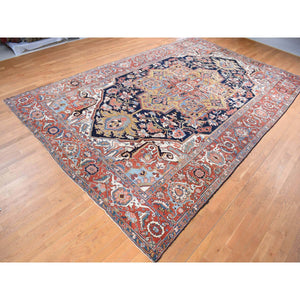 11'x17'6" Midnight Blue with Rust, Antique Persian Serapi Heriz, Rare Gold Color Throughout, Good Condition, Clean, No Repairs, Hand Knotted, Pure Wool Oriental Overzized Rug FWR484212