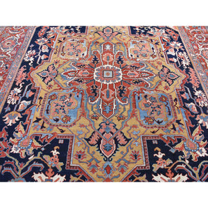 11'x17'6" Midnight Blue with Rust, Antique Persian Serapi Heriz, Rare Gold Color Throughout, Good Condition, Clean, No Repairs, Hand Knotted, Pure Wool Oriental Overzized Rug FWR484212