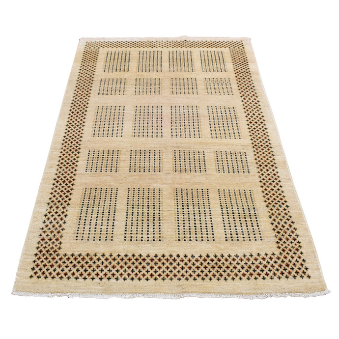 4'x6' Beige, Peshawar Gabbeh with Intricate Design, Hand Knotted, Pure Wool, Natural Dyes Oriental Rug FWR484296