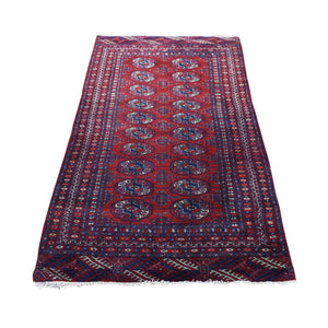 3'1"x5'4" Crimson Red, Old Turkeman Bokara, Elephant Feet Medallions, Soft and Supple, Full Even Pile, Clean with Sides and Ends Professionally Secured, Hand Knotted, Pure Wool Oriental Rug FWR484314