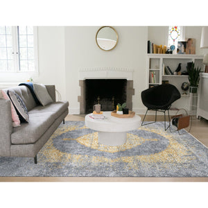 9'x12' Gray and Gold, Persian Large Medallion Design, Wool and Pure Silk Hand Knotted, Oriental Rug FWR484368