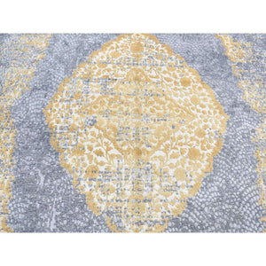 9'x12' Gray and Gold, Persian Large Medallion Design, Wool and Pure Silk Hand Knotted, Oriental Rug FWR484368