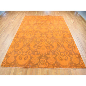 9'1"x12'3" Hand Knotted Pure Wool, Orange Cast Overdyed Ikat Oriental Rug FWR484410