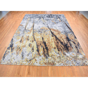 10'x14' Sea Blue with Mix of Brown, Fossil Design, Wool and Silk, Hand Knotted Oriental Rug FWR484422