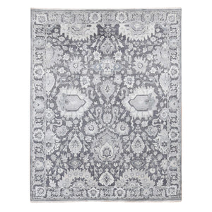 7'9"x10' Thunder Gray, Hand Knotted Oushak Influence Silk with Textured Wool Oriental Rug FWR484440