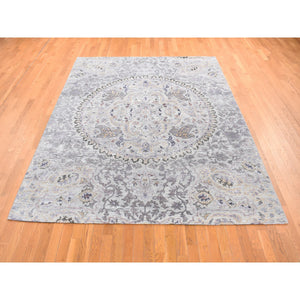 7'9"x10'1" Ash Gray, The Maharaja, Real Silk with Some Textured Wool and Natural Abrash, Hand Knotted Oriental Rug FWR484452
