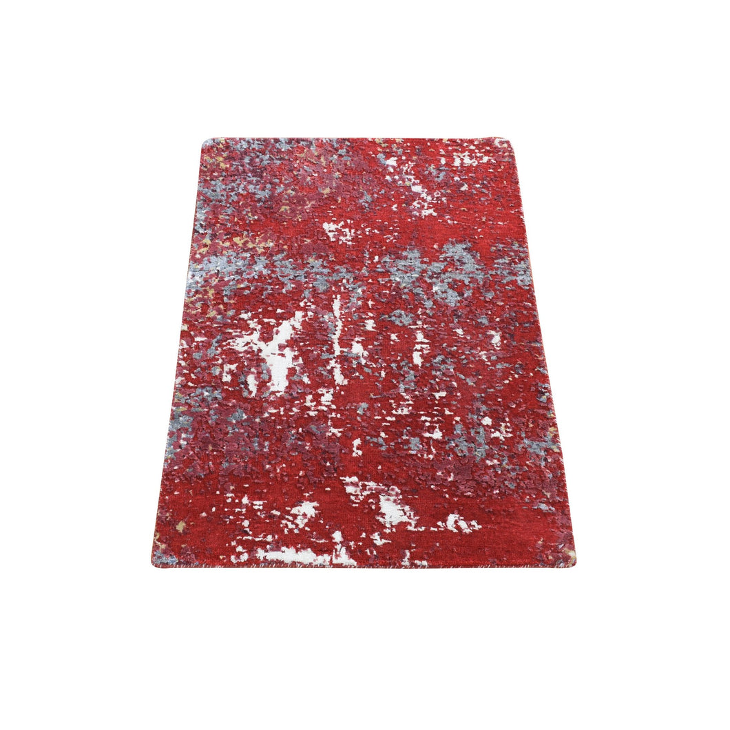 2'1x3' Red, Modern Design With Abstract Design Densely Woven, Wool and Silk Hand Knotted, Mat Oriental Rug FWR484476
