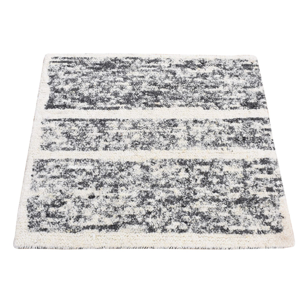 3'x3' Olive Black, Modern Striae Design Plush Pile, Densely Woven Organic Undyed Wool, Hand Knotted Square Oriental Rug FWR484506