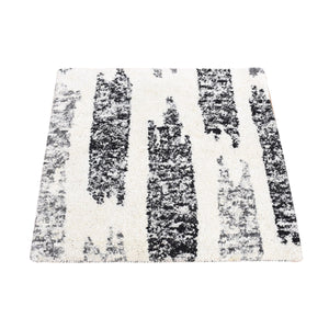 3'x3' Black, Modern Erased Column Design Thick and Plush, Organic Undyed Wool Hand Knotted, Square Oriental Rug FWR484536