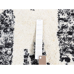 3'x3' Black, Modern Erased Column Design Thick and Plush, Organic Undyed Wool Hand Knotted, Square Oriental Rug FWR484536