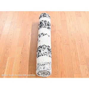3'x3' Black, Modern Erased Column Design Thick and Plush, Organic Undyed Wool Hand Knotted, Square Oriental Rug FWR484536