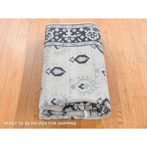 5'1"x7'1" Linen and Mid Night Blue, Hand-Knotted, Turkish Knot, Repetitive Paisley Design, Oushak, Vegetable Dyes, Pure Wool, Oriental Rug FWR484626