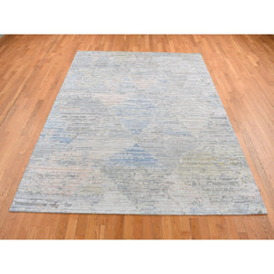 8'x10'6" Ivory, Pure Silk, Hand Knotted, Modern, Longer Soft Pile, Pastel Colors, Oriental Rug FWR484980