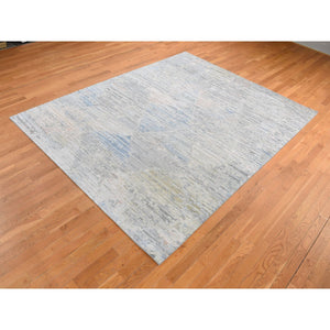 8'x10'6" Ivory, Pure Silk, Hand Knotted, Modern, Longer Soft Pile, Pastel Colors, Oriental Rug FWR484980