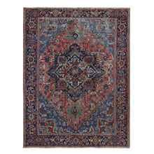 Load image into Gallery viewer, 7&#39;3&quot;x9&#39;8&quot; Carnelian Red, Antique Persian Heriz, Soft Wool, Hand Knotted, Colorful Soft Vegetable Dyes, Blues and Greens, Unrestored Condition, Cleaned, Sides and Ends Professionally Secured, Oriental Rug FWR484986