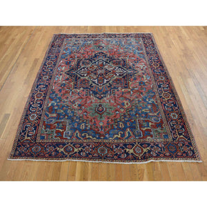 7'3"x9'8" Carnelian Red, Antique Persian Heriz, Soft Wool, Hand Knotted, Colorful Soft Vegetable Dyes, Blues and Greens, Unrestored Condition, Cleaned, Sides and Ends Professionally Secured, Oriental Rug FWR484986