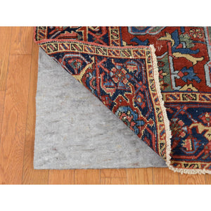 7'3"x9'8" Carnelian Red, Antique Persian Heriz, Soft Wool, Hand Knotted, Colorful Soft Vegetable Dyes, Blues and Greens, Unrestored Condition, Cleaned, Sides and Ends Professionally Secured, Oriental Rug FWR484986