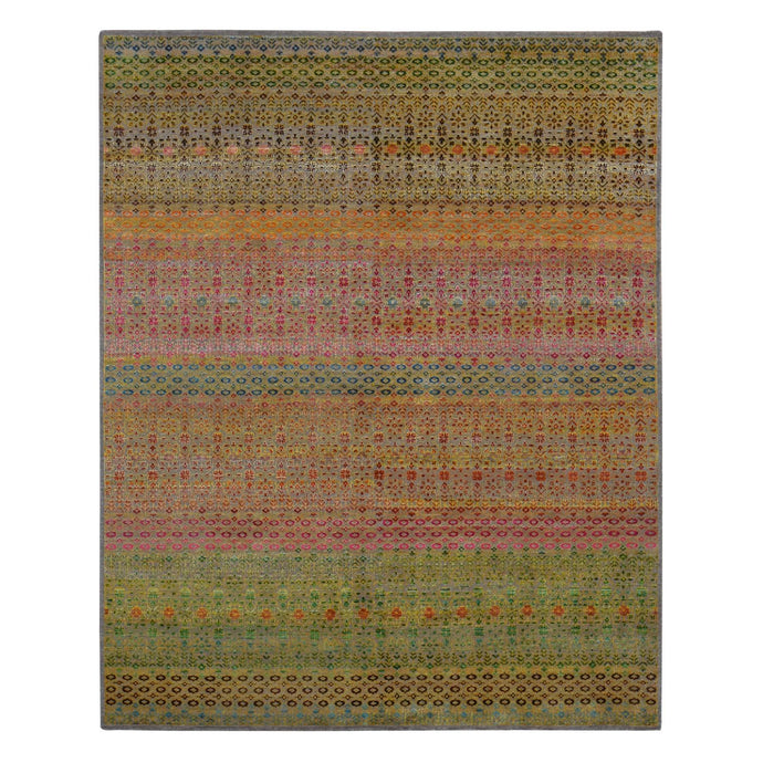 8'x10' Colorful, Modern Grass Design, Multi Color Gradation, Sari Silk with Textured Wool, Hand Knotted, Oriental Rug FWR485022