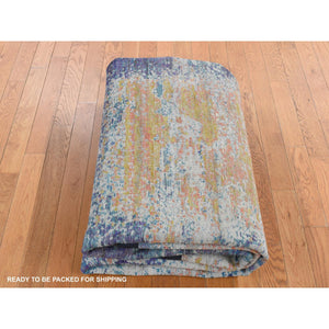 7'10"x10' Gold Color, Sari Silk with Textured Wool, Abstract Design, Hand Knotted, Oriental Rug FWR485088
