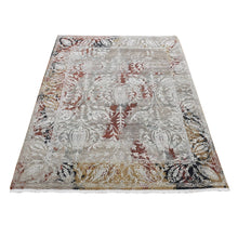 Load image into Gallery viewer, 5&#39;2&quot;x7&#39;1&quot; Stone Gray, Broken Tulip Design, Silk with Textured Wool, Hand Knotted, Oriental Rug FWR485310