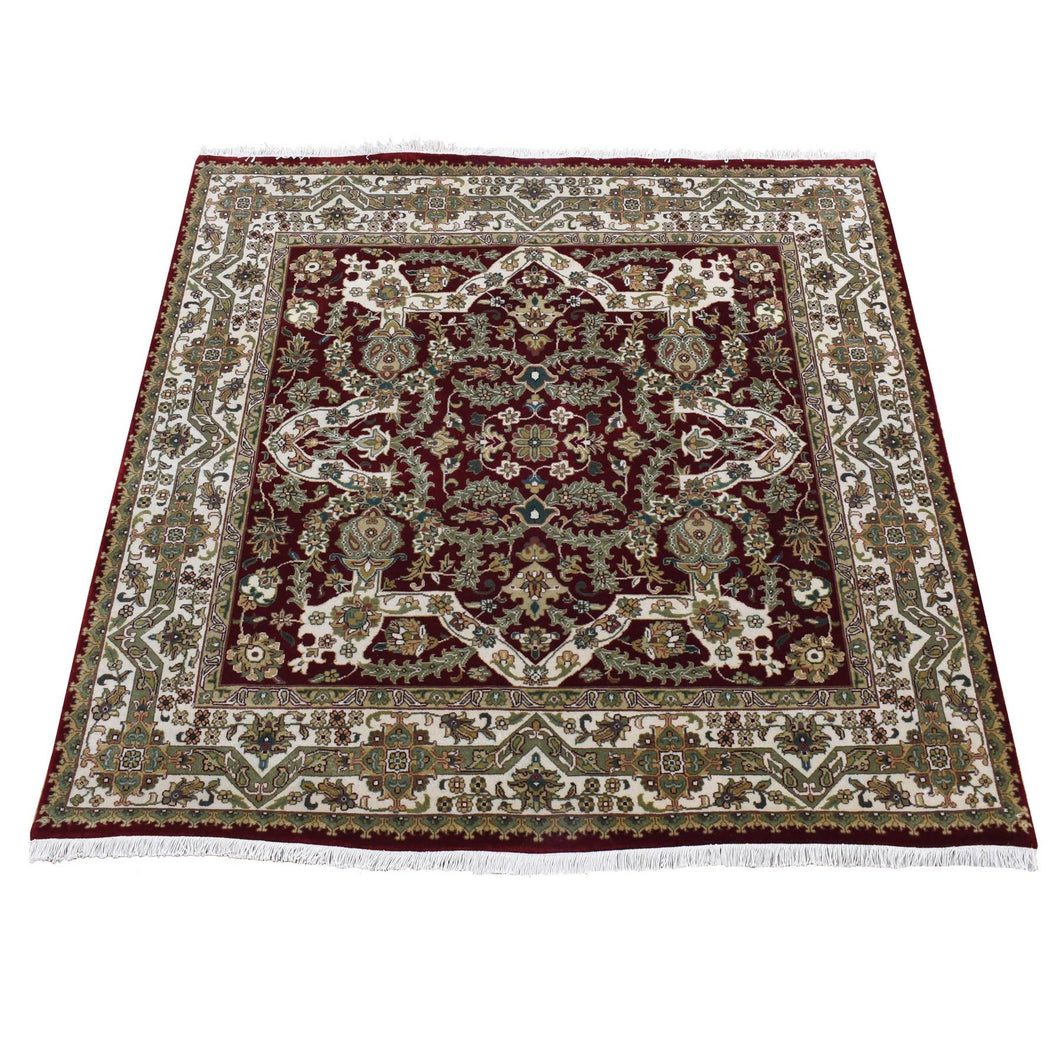 5'x5' Chocolate Cosmos Red, Tabriz Intricate Scroll Design, Hand Knotted, 300 KPSI, New Zealand Wool, Square Oriental Rug FWR485322