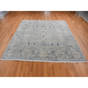10'2"x10'2" Periwinkle Blue, Hand Knotted, Distressed, Oushak Design, Pure Silk with Textured Wool, Square Oriental Rug FWR485352