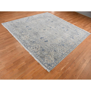 10'2"x10'2" Periwinkle Blue, Hand Knotted, Distressed, Oushak Design, Pure Silk with Textured Wool, Square Oriental Rug FWR485352