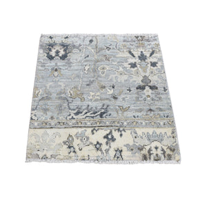 2'x2'1" Goose Gray, Silk with Textured Wool, Oushak Design, Hand Knotted, Sample Fragment, Square Oriental Rug FWR485442