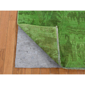 4'2"x10'5" Avocado Green, On Clearance, Hand Knotted, Overdyed Ikat, Pure Wool, Wide Runner Oriental Rug FWR485454