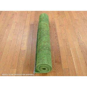 4'2"x10'5" Avocado Green, On Clearance, Hand Knotted, Overdyed Ikat, Pure Wool, Wide Runner Oriental Rug FWR485454