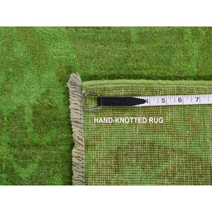 4'2"x10'5" Avocado Green, On Clearance, Hand Knotted, Overdyed Ikat, Pure Wool, Wide Runner Oriental Rug FWR485454