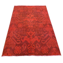 Load image into Gallery viewer, 5&#39;2&quot;x8&#39;3&quot; Candy Apple Red Cast Overdyed Ikat, Hand Knotted, Pure Wool, Oriental Rug FWR485520