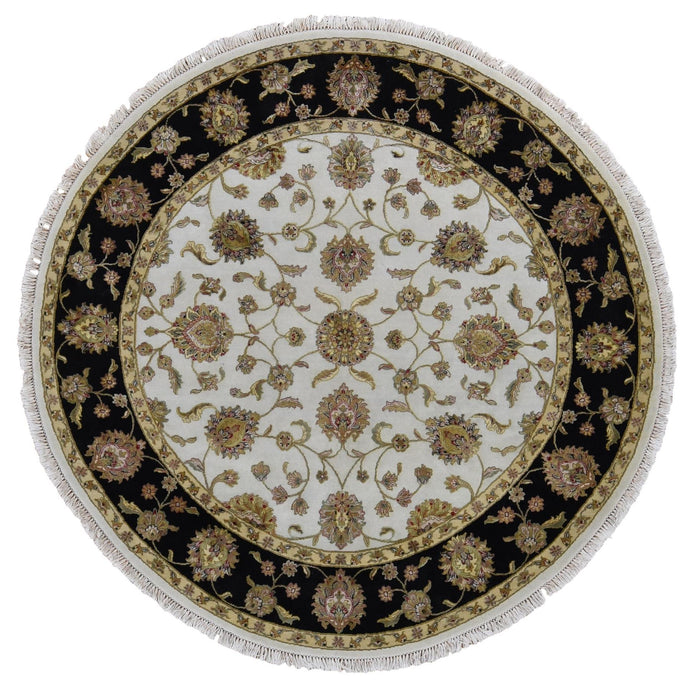 8'x8' Ivory, Hand Knotted, Rajasthan Design, Half Wool and Half Silk, Thick and Plush, Round Oriental Rug FWR485556