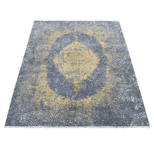 Load image into Gallery viewer, 5&#39;2&quot;x7&#39; Carbon Gray with Mix of Gold, Persian Medallion Design, Wool and Pure Silk, Hand Knotted, Oriental Rug FWR485772