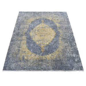 5'2"x7' Carbon Gray with Mix of Gold, Persian Medallion Design, Wool and Pure Silk, Hand Knotted, Oriental Rug FWR485772