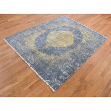 Load image into Gallery viewer, 5&#39;2&quot;x7&#39; Carbon Gray with Mix of Gold, Persian Medallion Design, Wool and Pure Silk, Hand Knotted, Oriental Rug FWR485772