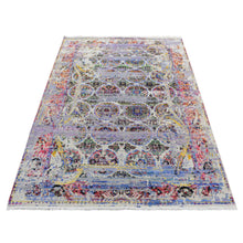Load image into Gallery viewer, 6&#39;x9&#39;1&quot; Ash Gray, Colorful ERASED ROSSETS, Sari Silk with Textured Wool, Hand Knotted, Oriental Rug FWR485790