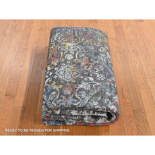 Load image into Gallery viewer, 6&#39;1&quot;X9&#39;2&quot; Iridium Black, Transitional Erased and Broken Agra Design with Pop of Color, Wool and Silk, Hand Knotted, Oriental Rug FWR485814