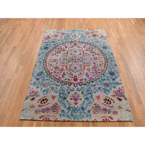 6'x9' Tan Brown, Colorful Maharaja Design, Sari Silk and Textured Wool, Hand Knotted, Oriental Rug FWR485832