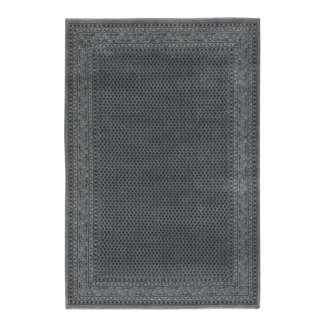 6'x9' Battleship Gray, Sarouk Mir Small Repetitive Boteh Design, Wool and Silk, Hand Knotted, Oriental Rug FWR485844