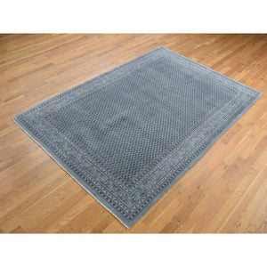 6'x9' Battleship Gray, Sarouk Mir Small Repetitive Boteh Design, Wool and Silk, Hand Knotted, Oriental Rug FWR485844