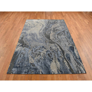 6'x9'2" Blue, Geological Design, Wool and Pure Silk, Soft to The Touch, Hand Knotted, Oriental Rug FWR485886