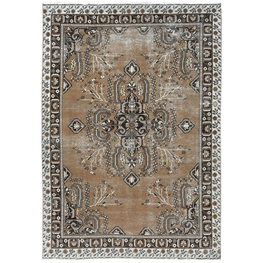 7'x10' Chocolate Brown, Vintage Persian Bakhtiar Sheared Low Natural Dyes, Distressed Look Worn Wool Hand Knotted, Oriental Rug FWR486126