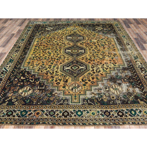 7'3"x9'7" Sunset Colors, Worn Wool Hand Knotted Vintage Persian Shiraz with Small Animal Figurines, Cropped Thin Distressed Look, Oriental Rug FWR486180