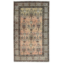 Load image into Gallery viewer, 4&#39;1&quot;x7&#39; Sunset Colors, Hand Knotted Vintage Persian Shiraz, Abrash Sheared Low Distressed Look Worn Wool, Oriental Rug FWR486198