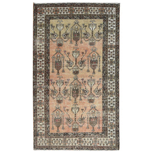 4'1"x7' Sunset Colors, Hand Knotted Vintage Persian Shiraz, Abrash Sheared Low Distressed Look Worn Wool, Oriental Rug FWR486198