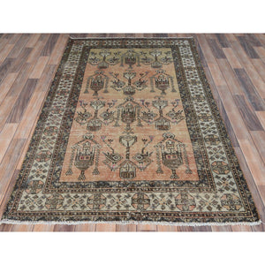 4'1"x7' Sunset Colors, Hand Knotted Vintage Persian Shiraz, Abrash Sheared Low Distressed Look Worn Wool, Oriental Rug FWR486198