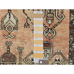 4'1"x7' Sunset Colors, Hand Knotted Vintage Persian Shiraz, Abrash Sheared Low Distressed Look Worn Wool, Oriental Rug FWR486198