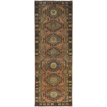 Load image into Gallery viewer, 3&#39;7&quot;x10&#39;2&quot; Almond Brown, Distressed Look Worn Wool Hand Knotted, Vintage Persian Hamadan With Geometric Medallion and Small Bird Figurines Cropped Thin, Wide Runner Oriental Rug FWR486252