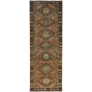 3'7"x10'2" Almond Brown, Distressed Look Worn Wool Hand Knotted, Vintage Persian Hamadan With Geometric Medallion and Small Bird Figurines Cropped Thin, Wide Runner Oriental Rug FWR486252